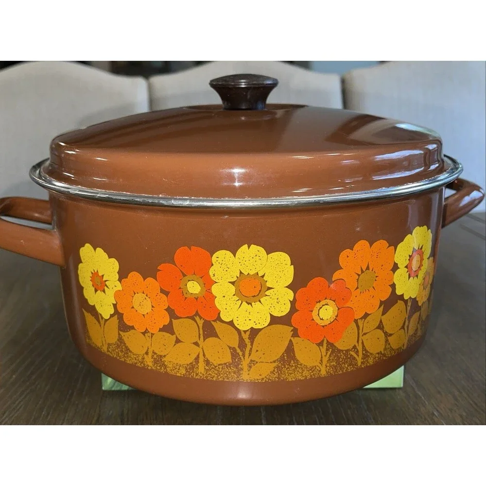 VGT Swan Brand Enamel Sauce Pot Pans Orange/Brown Flowers with Lids 70s  Lot 3